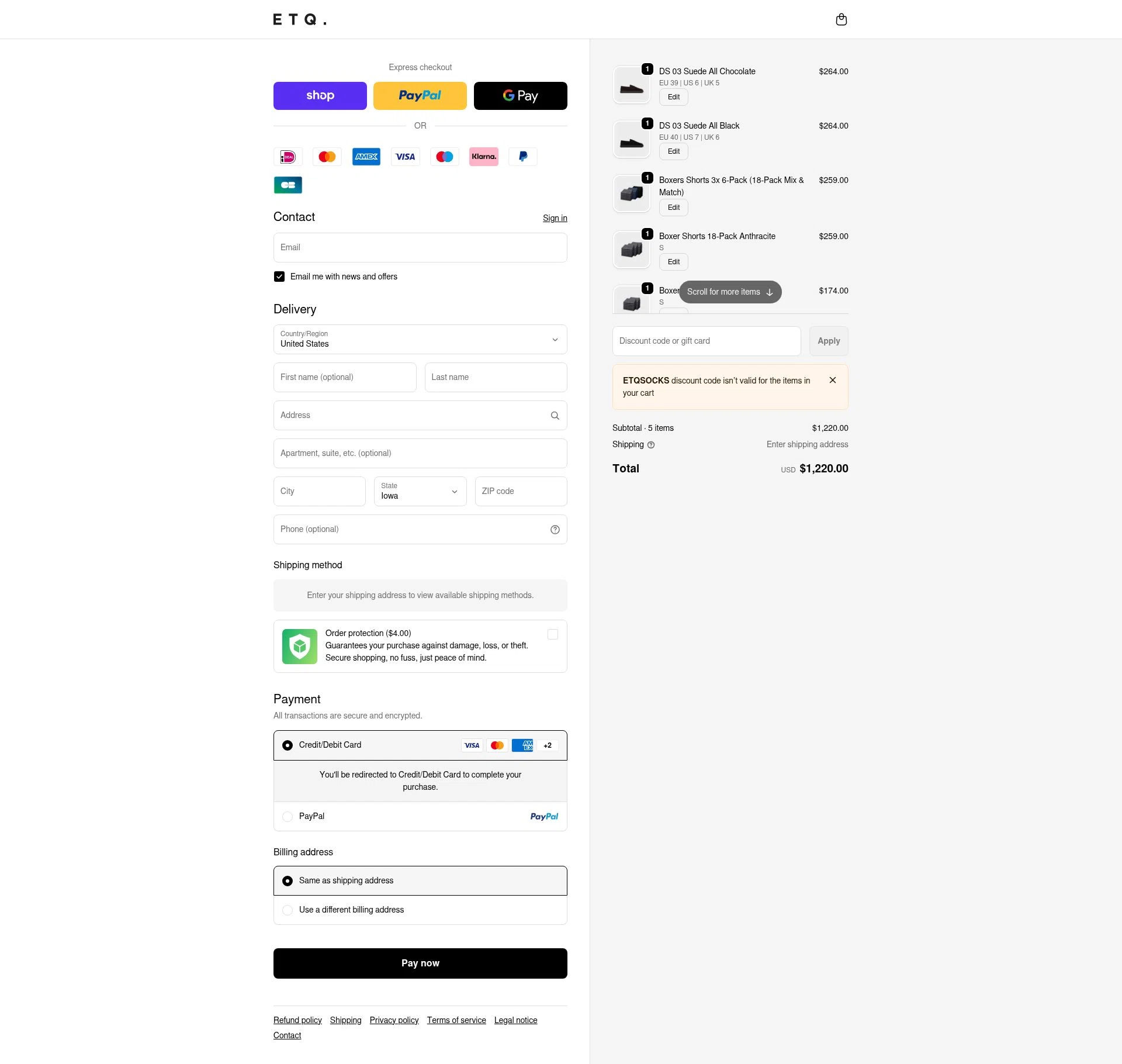 ETQ Amsterdam checkout page showing ETQ Amsterdam discount code box | Screenshot taken by SimplyCodes community member on Jan 30, 2026