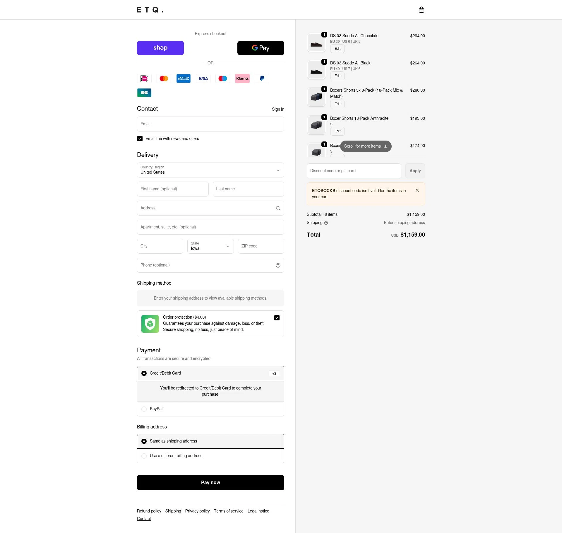 ETQ Amsterdam checkout page showing ETQ Amsterdam discount code box | Screenshot taken by SimplyCodes community member on Feb 13, 2026