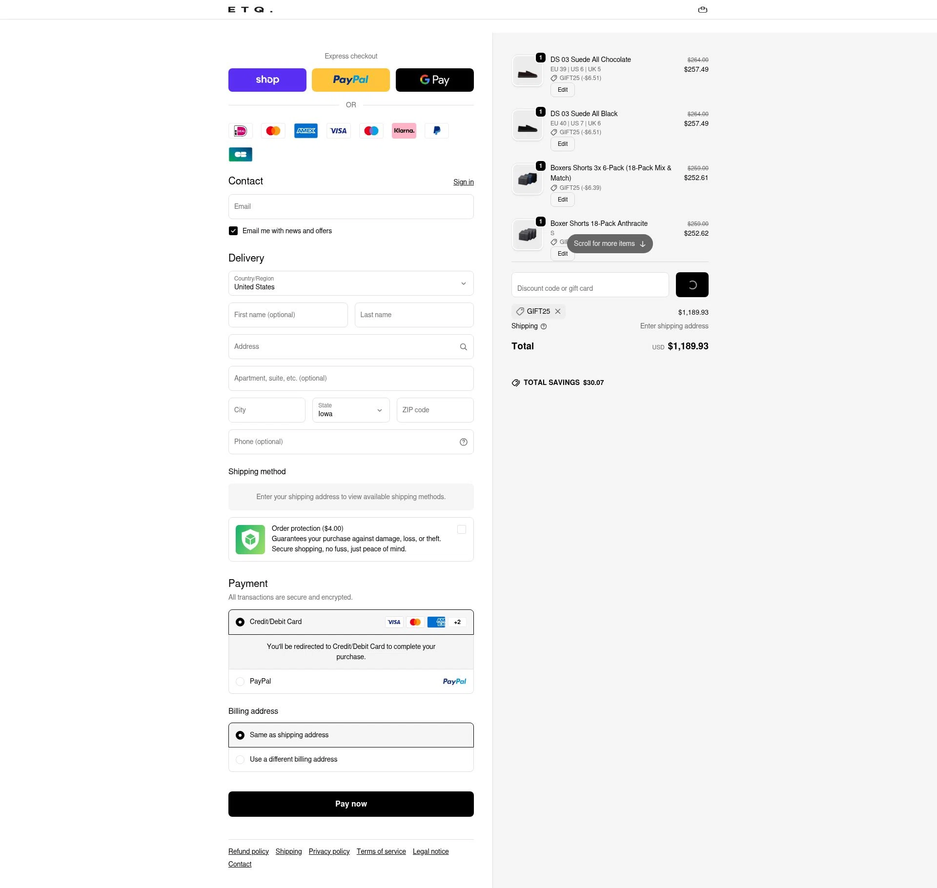 ETQ Amsterdam checkout page showing ETQ Amsterdam discount code box | Screenshot taken by SimplyCodes community member on Jan 30, 2026