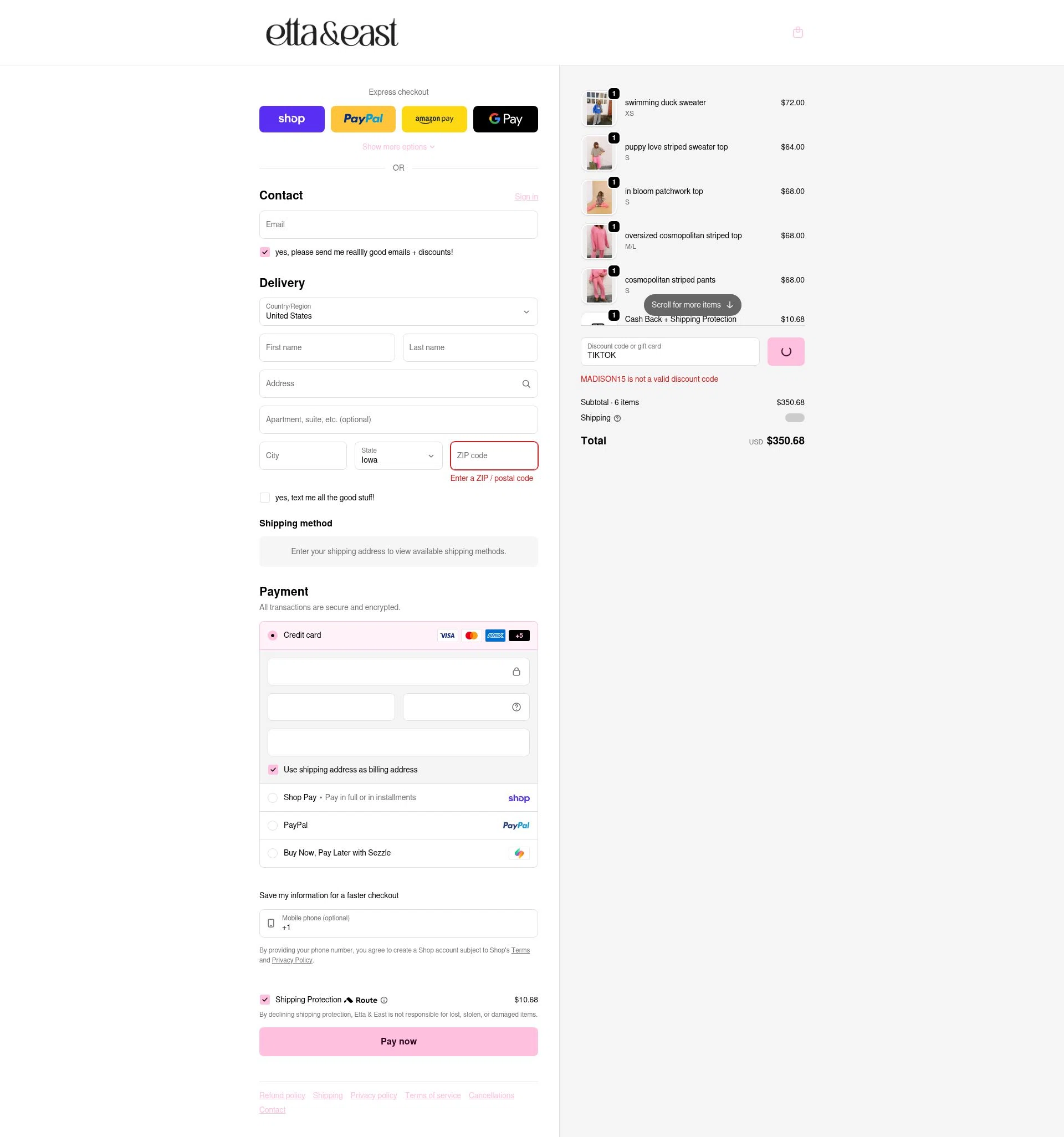 Etta + East checkout page showing Etta + East promo code box | Screenshot taken by SimplyCodes community member on Feb 9, 2026
