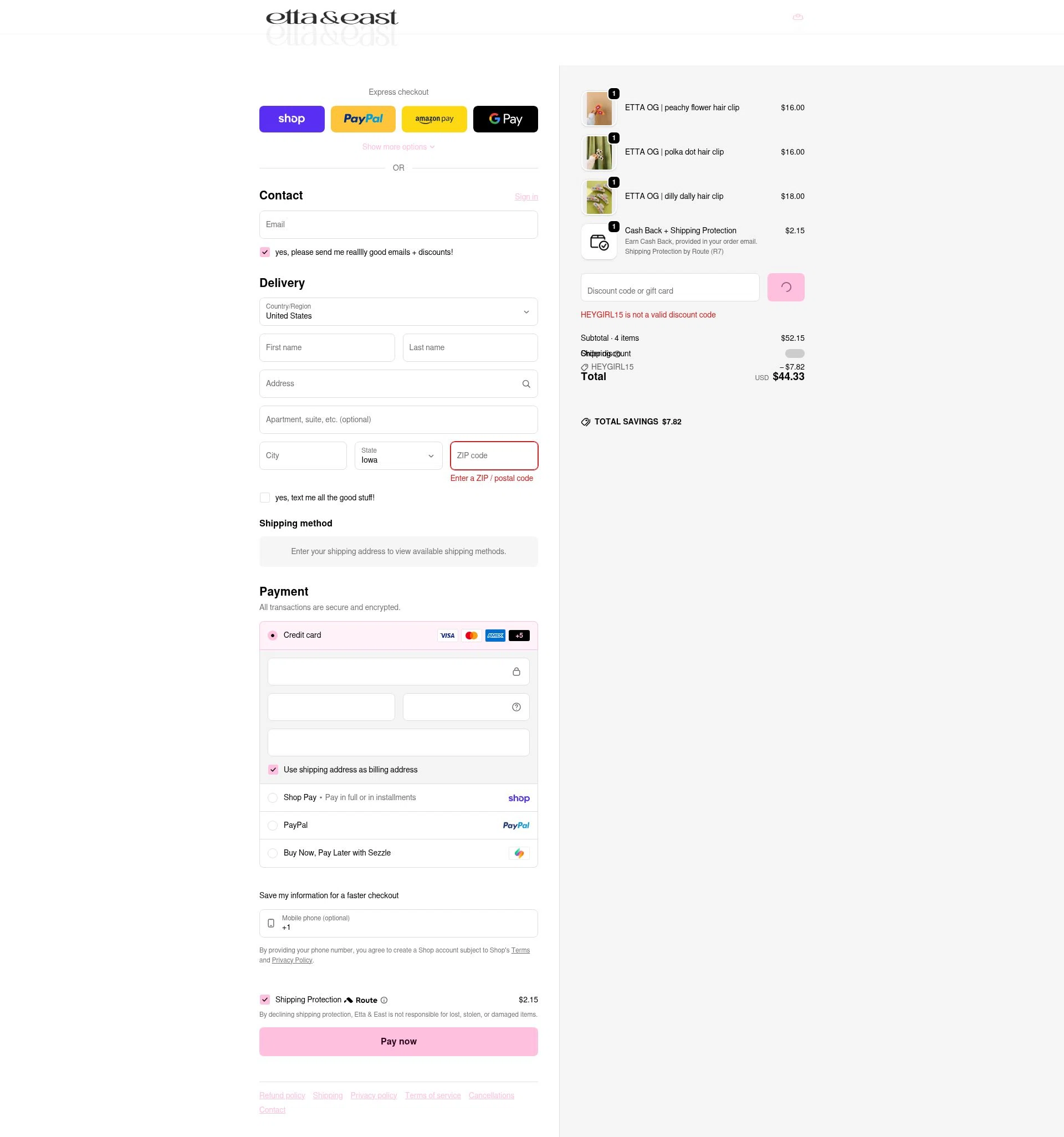 Etta + East checkout page showing Etta + East promo code box | Screenshot taken by SimplyCodes community member on Feb 1, 2026