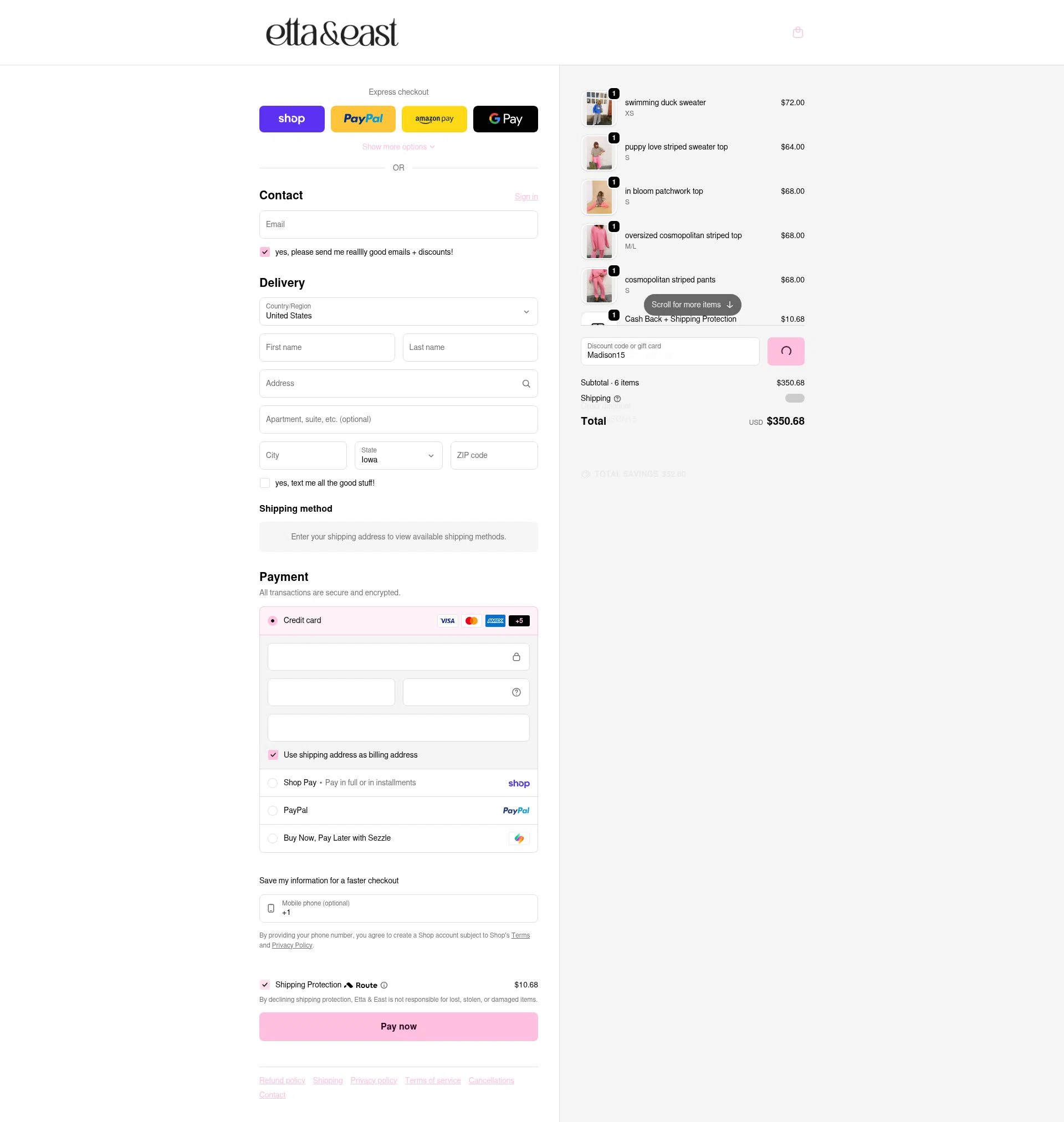 Etta + East checkout page showing Etta + East promo code box | Screenshot taken by SimplyCodes community member on Feb 9, 2026