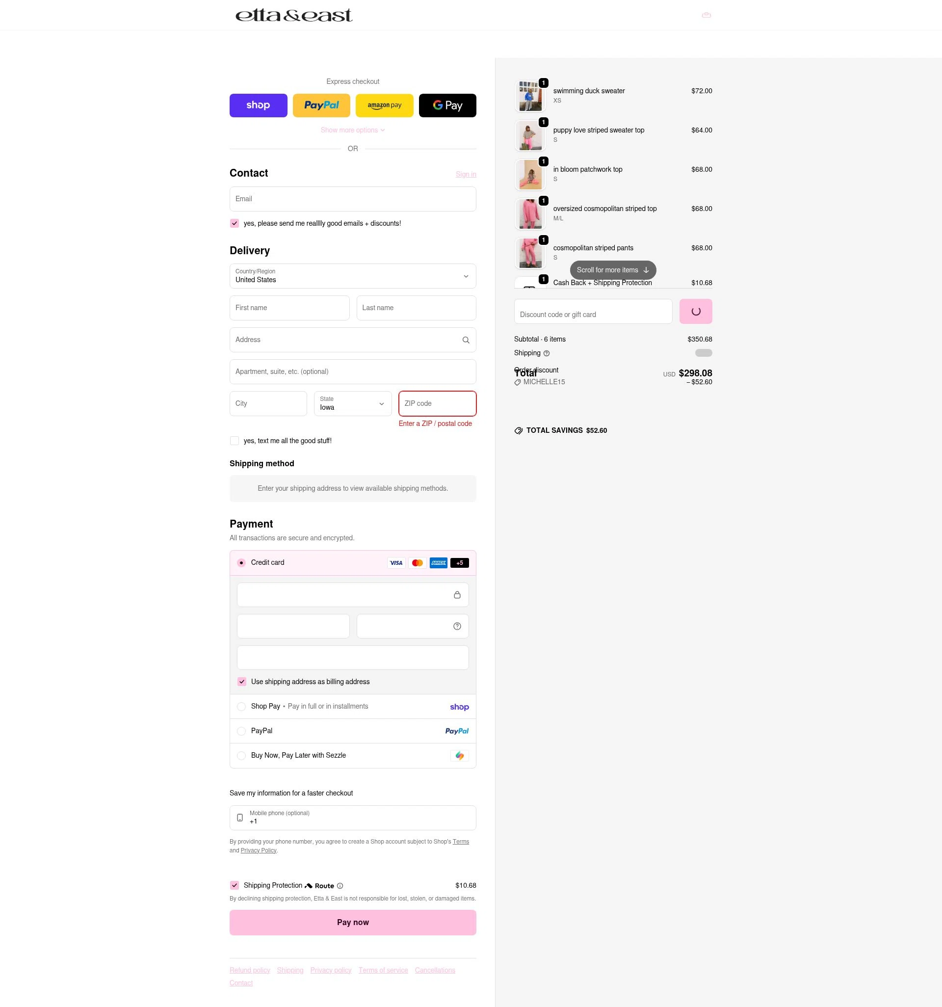 Etta + East checkout page showing Etta + East promo code box | Screenshot taken by SimplyCodes community member on Feb 9, 2026