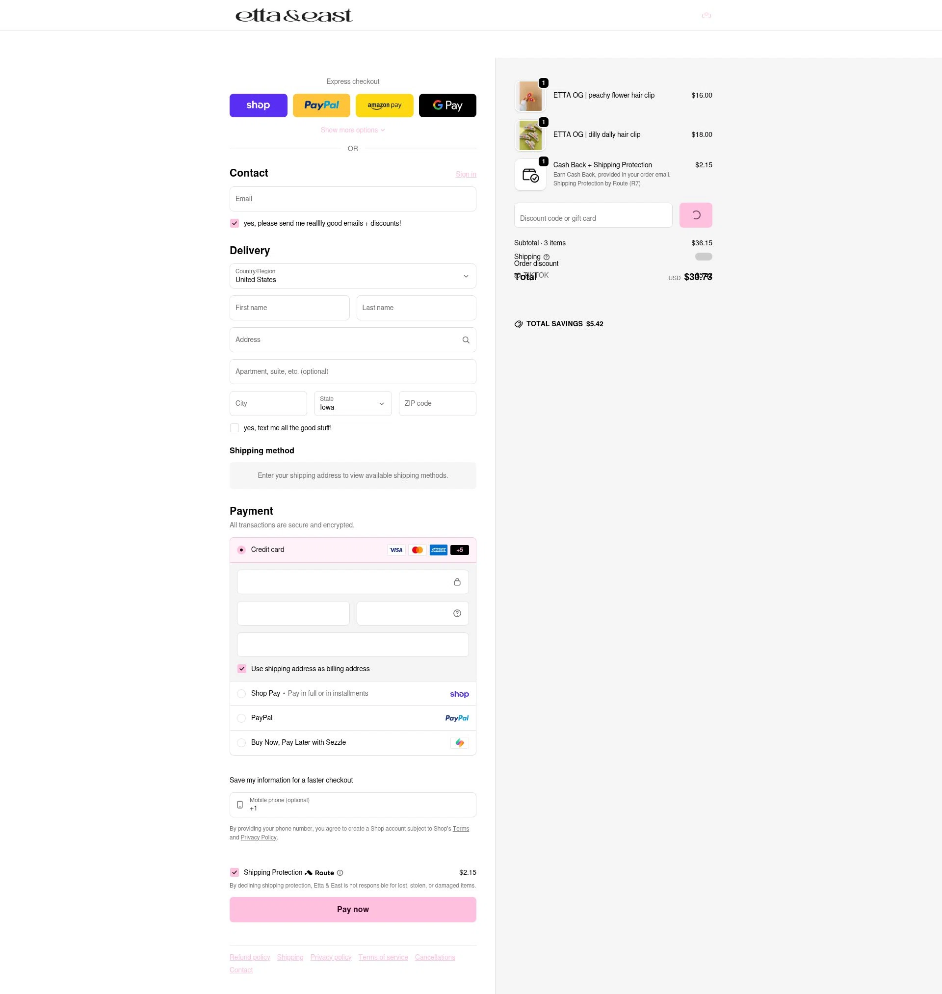 Etta + East checkout page showing Etta + East promo code box | Screenshot taken by SimplyCodes community member on Feb 5, 2026