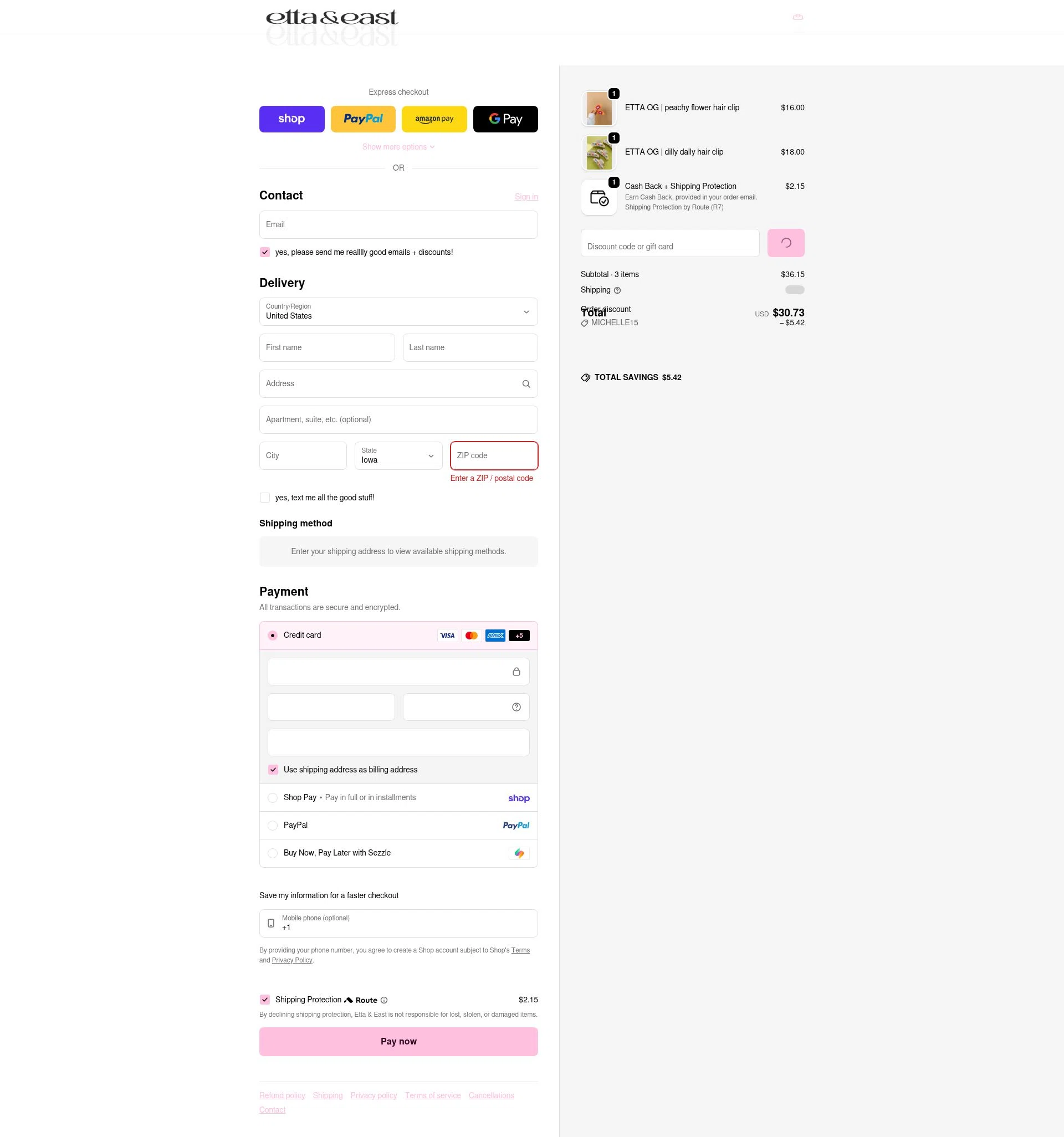 Etta + East checkout page showing Etta + East promo code box | Screenshot taken by SimplyCodes community member on Feb 5, 2026