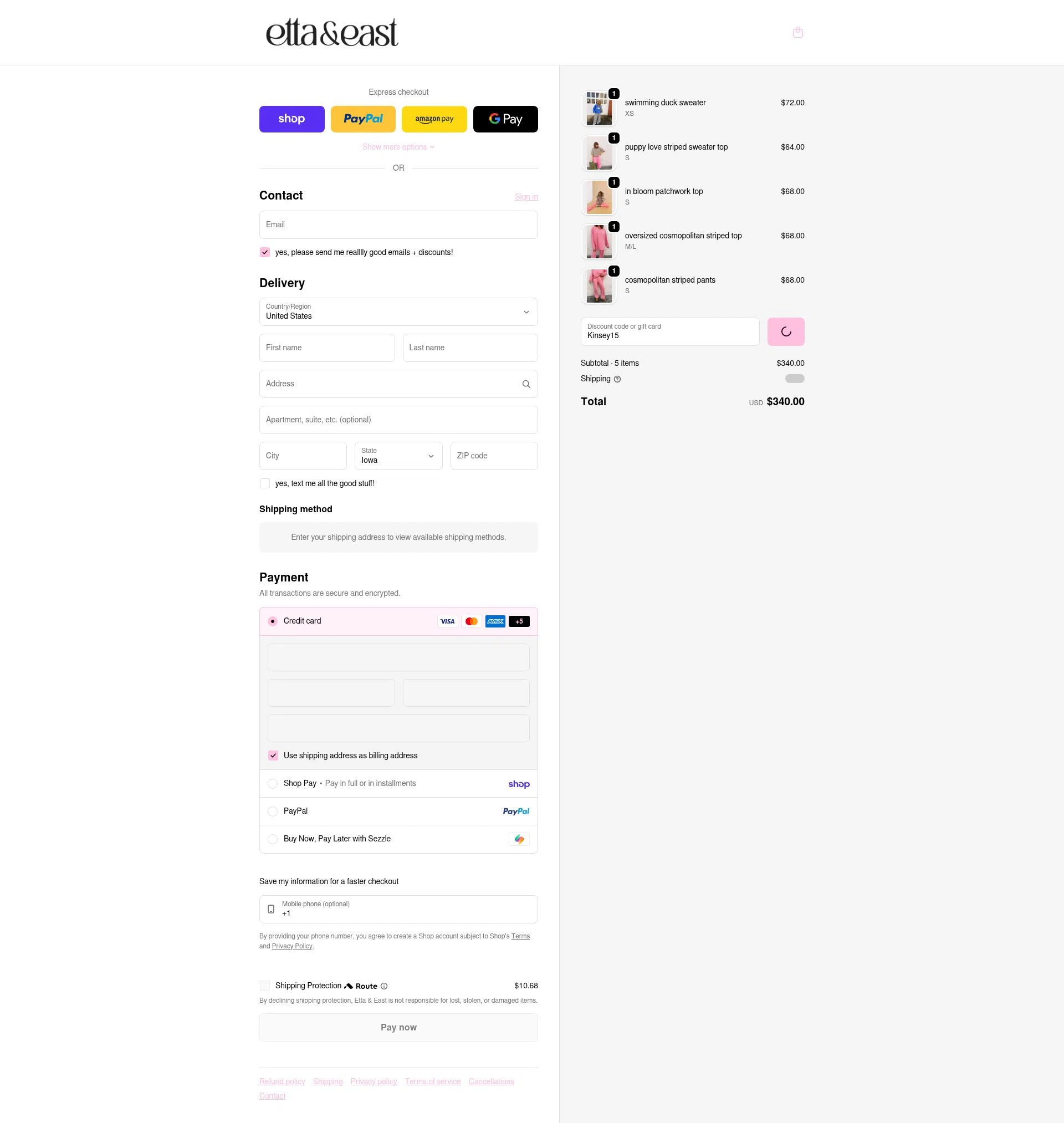 Etta + East checkout page showing Etta + East promo code box | Screenshot taken by SimplyCodes community member on Feb 9, 2026