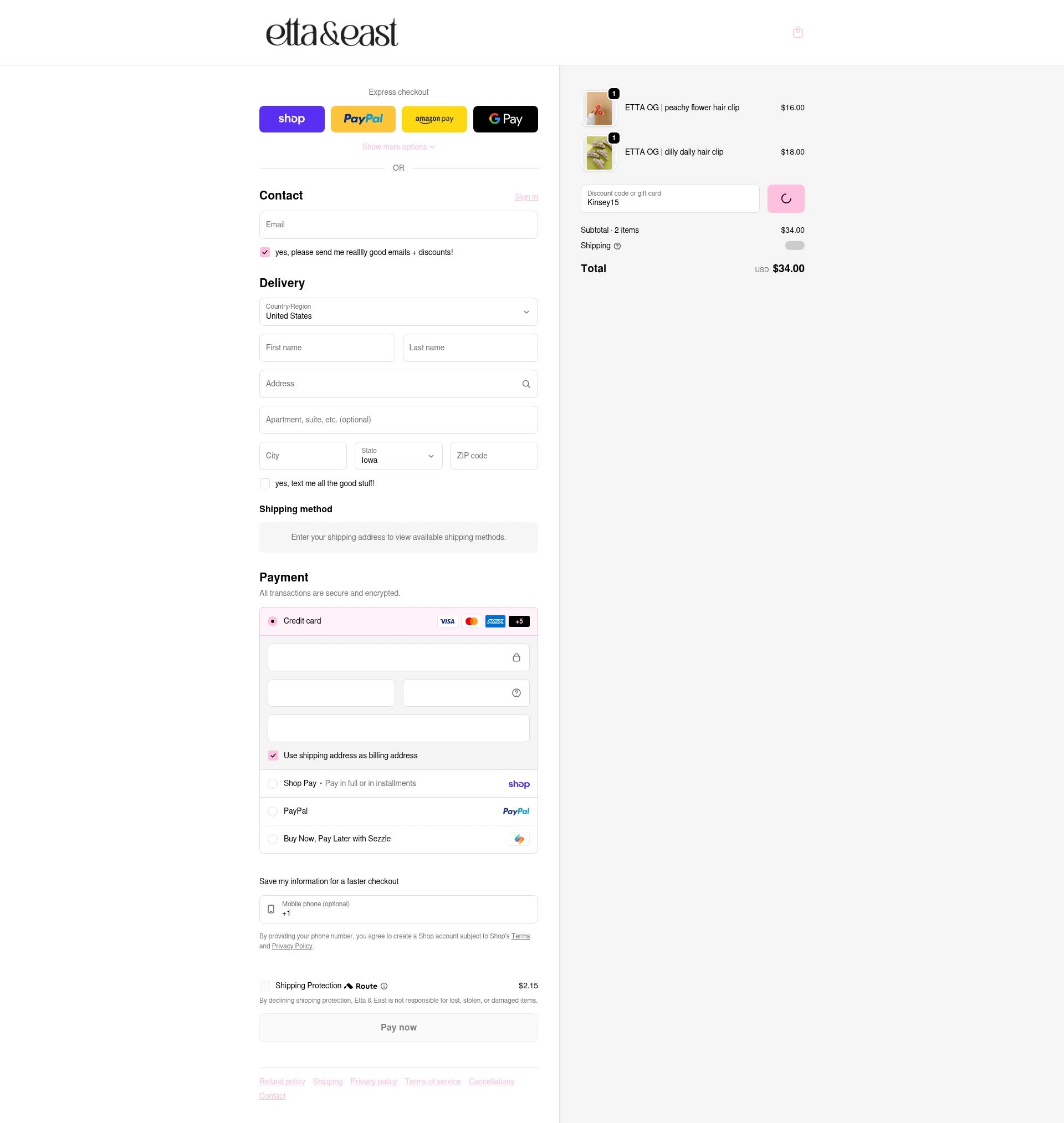 Etta + East checkout page showing Etta + East promo code box | Screenshot taken by SimplyCodes community member on Feb 5, 2026