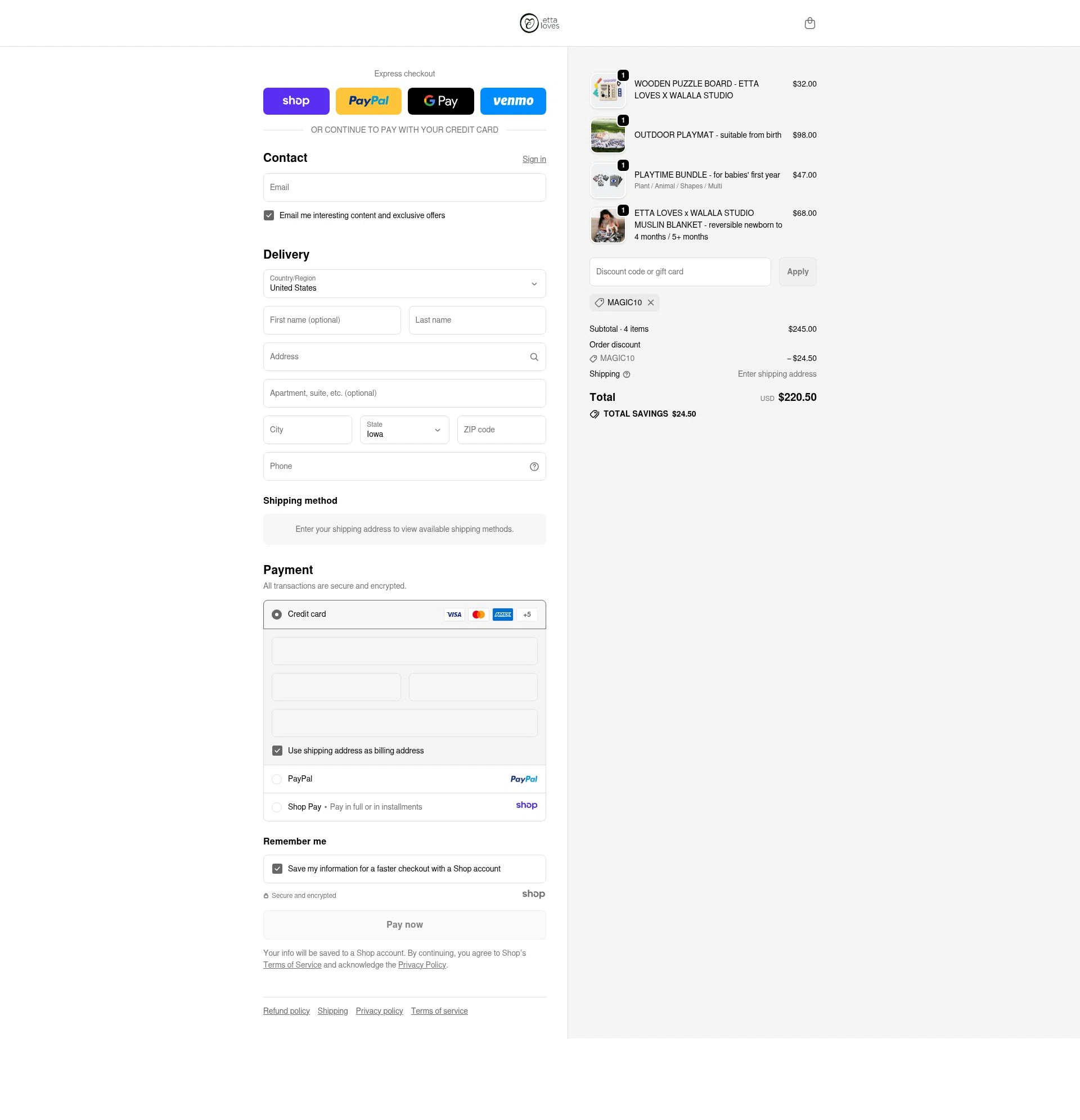 Etta Loves checkout page showing Etta Loves discount code box | Screenshot taken by SimplyCodes community member on Nov 18, 2025