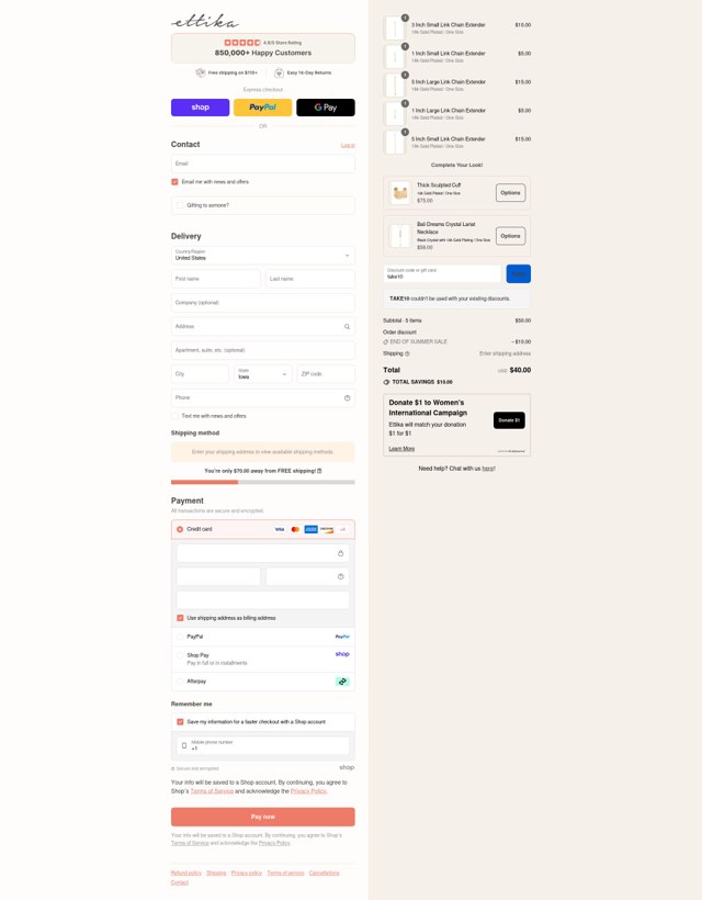Ettika checkout page showing Ettika discount code box | Screenshot taken by SimplyCodes community member on Aug 29, 2025