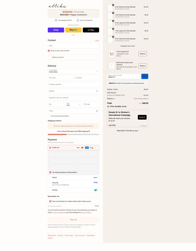 Ettika checkout page showing Ettika discount code box | Screenshot taken by SimplyCodes community member on Sep 2, 2025