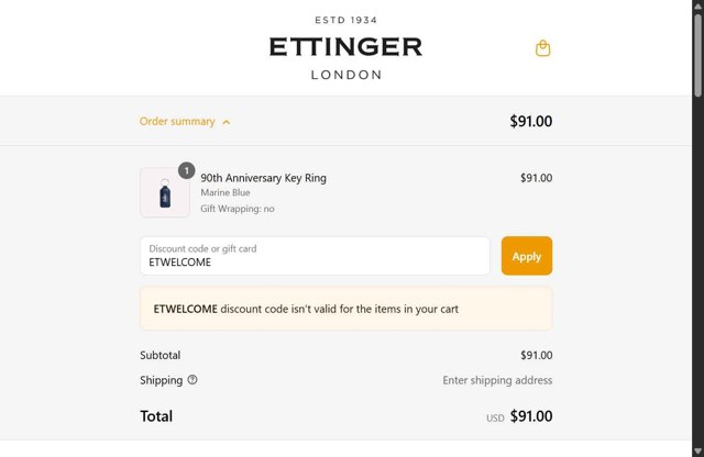 Ettinger checkout page showing Ettinger promo code box | Screenshot taken by SimplyCodes community member on Jun 5, 2025