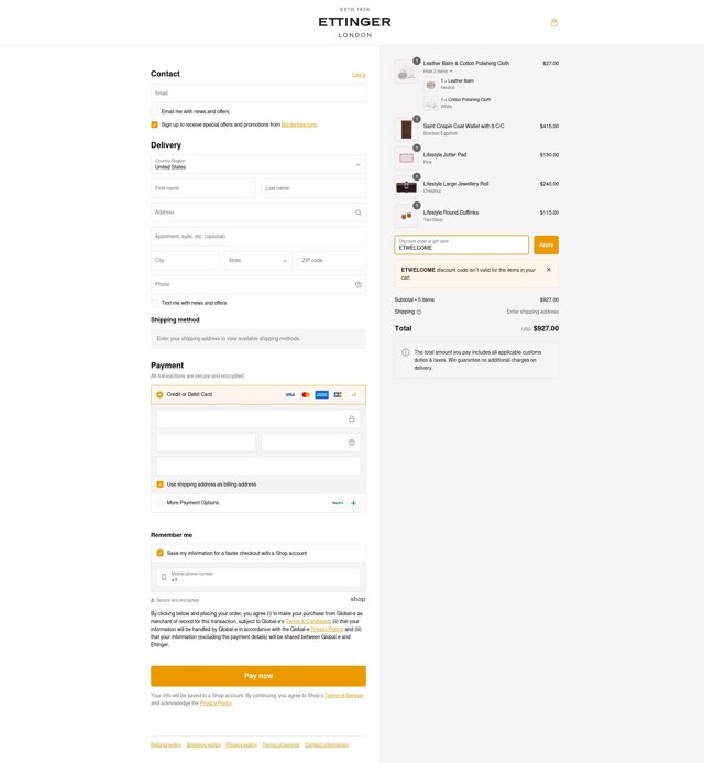 Ettinger checkout page showing Ettinger promo code box | Screenshot taken by SimplyCodes community member on Jan 12, 2025