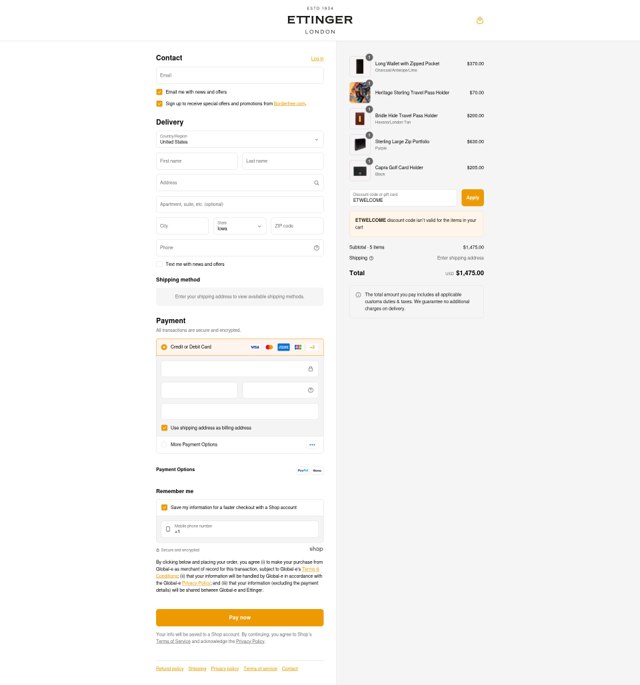 Ettinger checkout page showing Ettinger promo code box | Screenshot taken by SimplyCodes community member on Aug 25, 2025