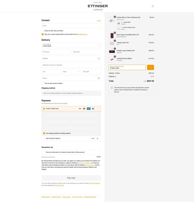 Ettinger checkout page showing Ettinger promo code box | Screenshot taken by SimplyCodes community member on Jan 2, 2025