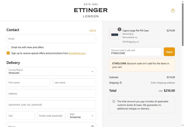 Ettinger checkout page showing Ettinger promo code box | Screenshot taken by SimplyCodes community member on Jun 5, 2025