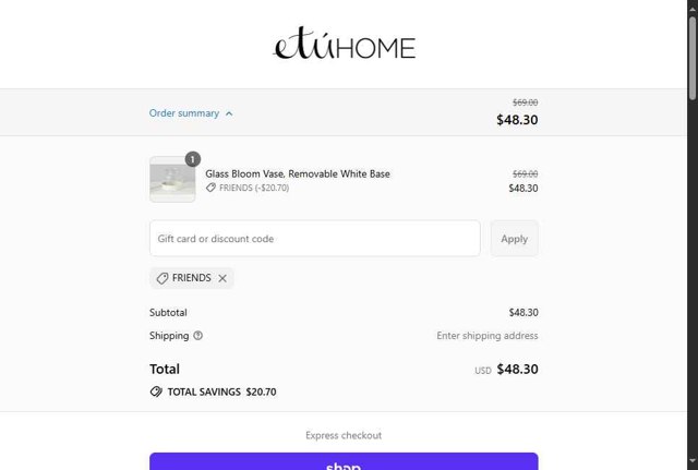 EtuHome checkout page showing EtuHome promo code box | Screenshot taken by SimplyCodes community member on Sep 6, 2025