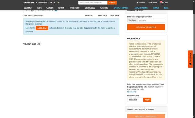Tundra Restaurant Supply checkout page showing Tundra Restaurant Supply promo code box | Screenshot taken by SimplyCodes community member on Aug 6, 2025