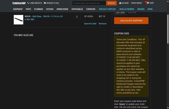 Tundra Restaurant Supply checkout page showing Tundra Restaurant Supply promo code box | Screenshot taken by SimplyCodes community member on Jul 4, 2025