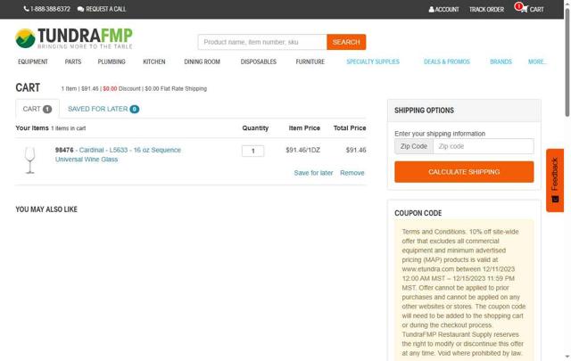Tundra Restaurant Supply checkout page showing Tundra Restaurant Supply promo code box | Screenshot taken by SimplyCodes community member on Sep 3, 2025