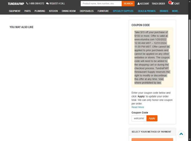 Tundra Restaurant Supply checkout page showing Tundra Restaurant Supply promo code box | Screenshot taken by SimplyCodes community member on Jun 20, 2025