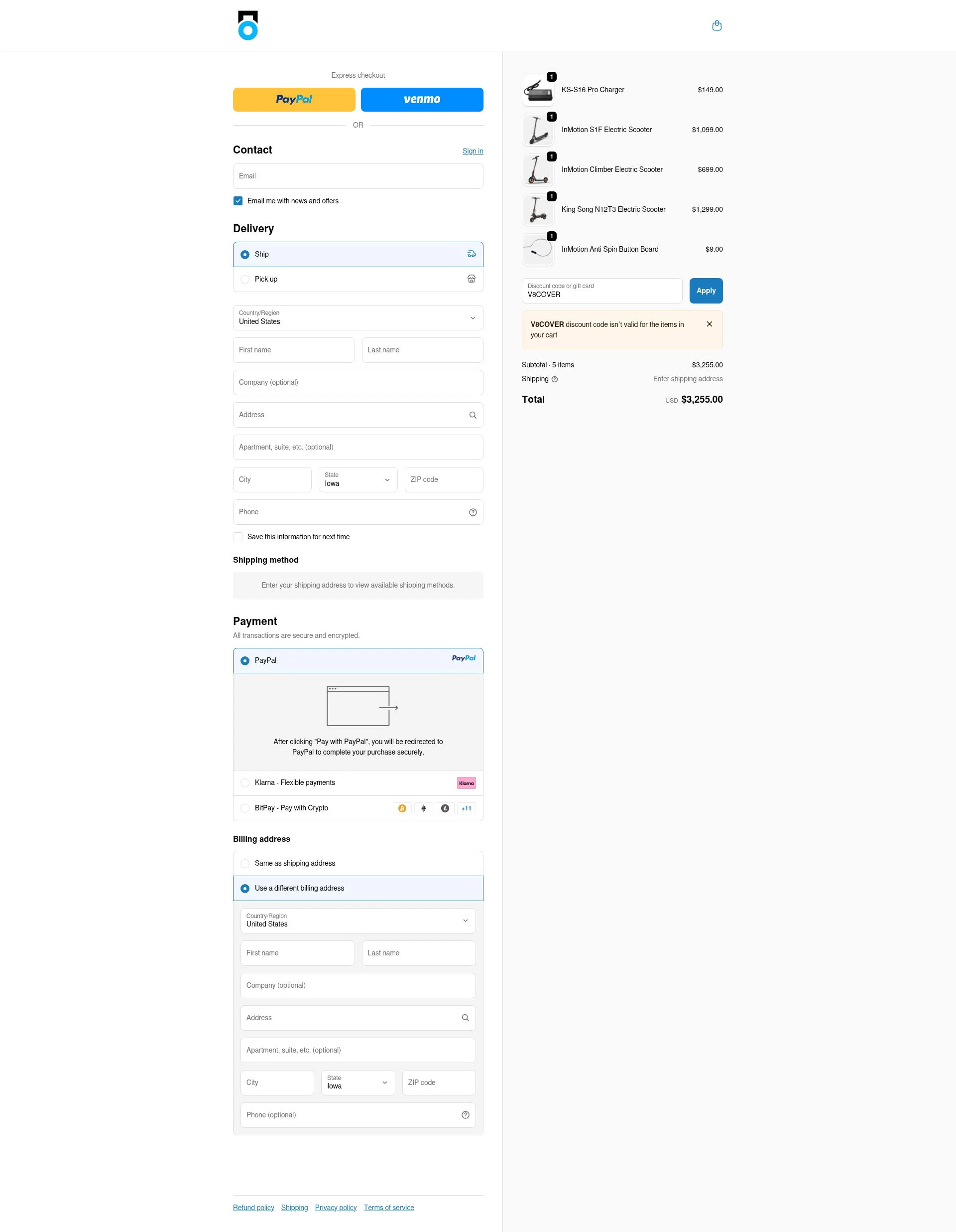 Electric Unicycle Collective checkout page showing Electric Unicycle Collective promo code box | Screenshot taken by SimplyCodes community member on Oct 8, 2025
