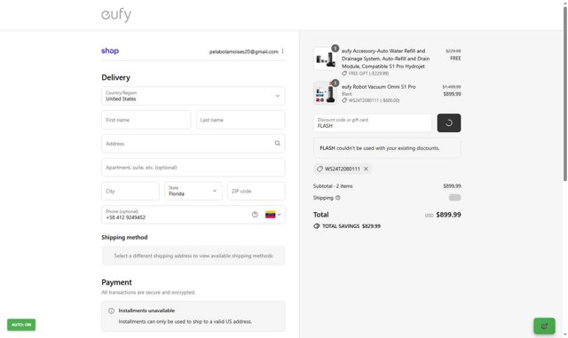 Eufy checkout page showing Eufy discount code box | Screenshot taken by SimplyCodes community member on Sep 7, 2025