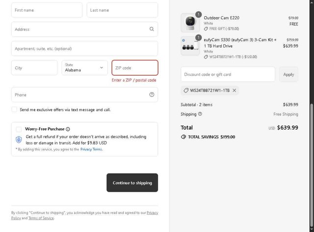 Eufy checkout page showing Eufy discount code box | Screenshot taken by SimplyCodes community member on Sep 7, 2025