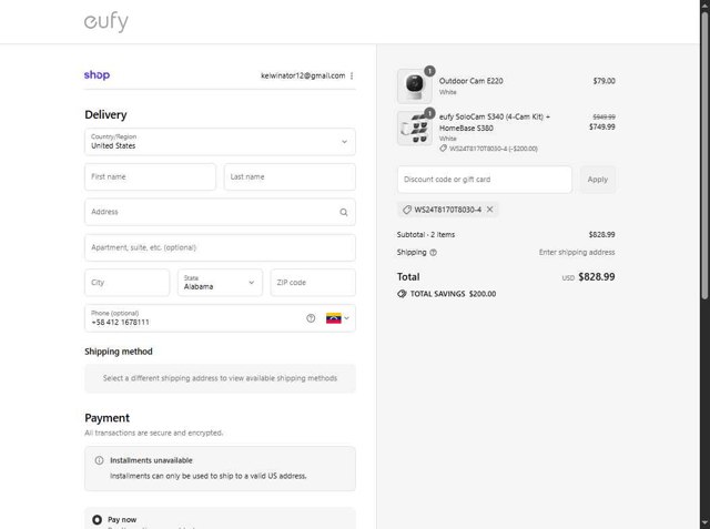 Eufy checkout page showing Eufy discount code box | Screenshot taken by SimplyCodes community member on Sep 7, 2025