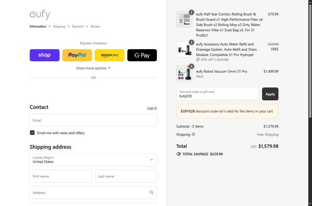 Eufy checkout page showing Eufy discount code box | Screenshot taken by SimplyCodes community member on Sep 7, 2025