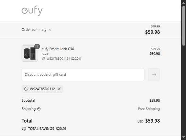 Eufy checkout page showing Eufy discount code box | Screenshot taken by SimplyCodes community member on Sep 6, 2025