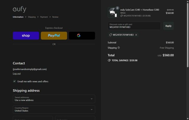 Eufy checkout page showing Eufy discount code box | Screenshot taken by SimplyCodes community member on Sep 5, 2025
