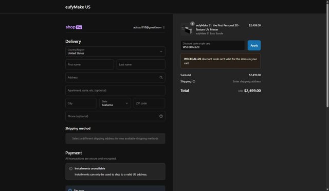 eufyMake checkout page showing eufyMake promo code box | Screenshot taken by SimplyCodes community member on Aug 5, 2025