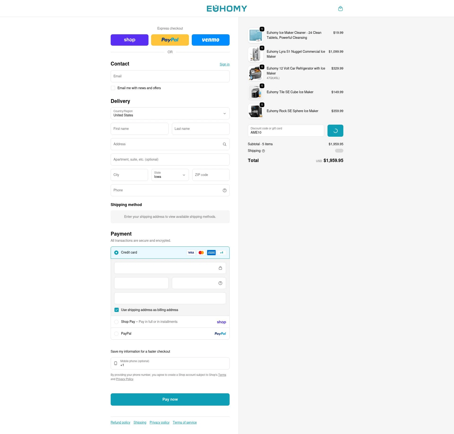 Euhomy checkout page showing Euhomy discount code box | Screenshot taken by SimplyCodes community member on Feb 7, 2026