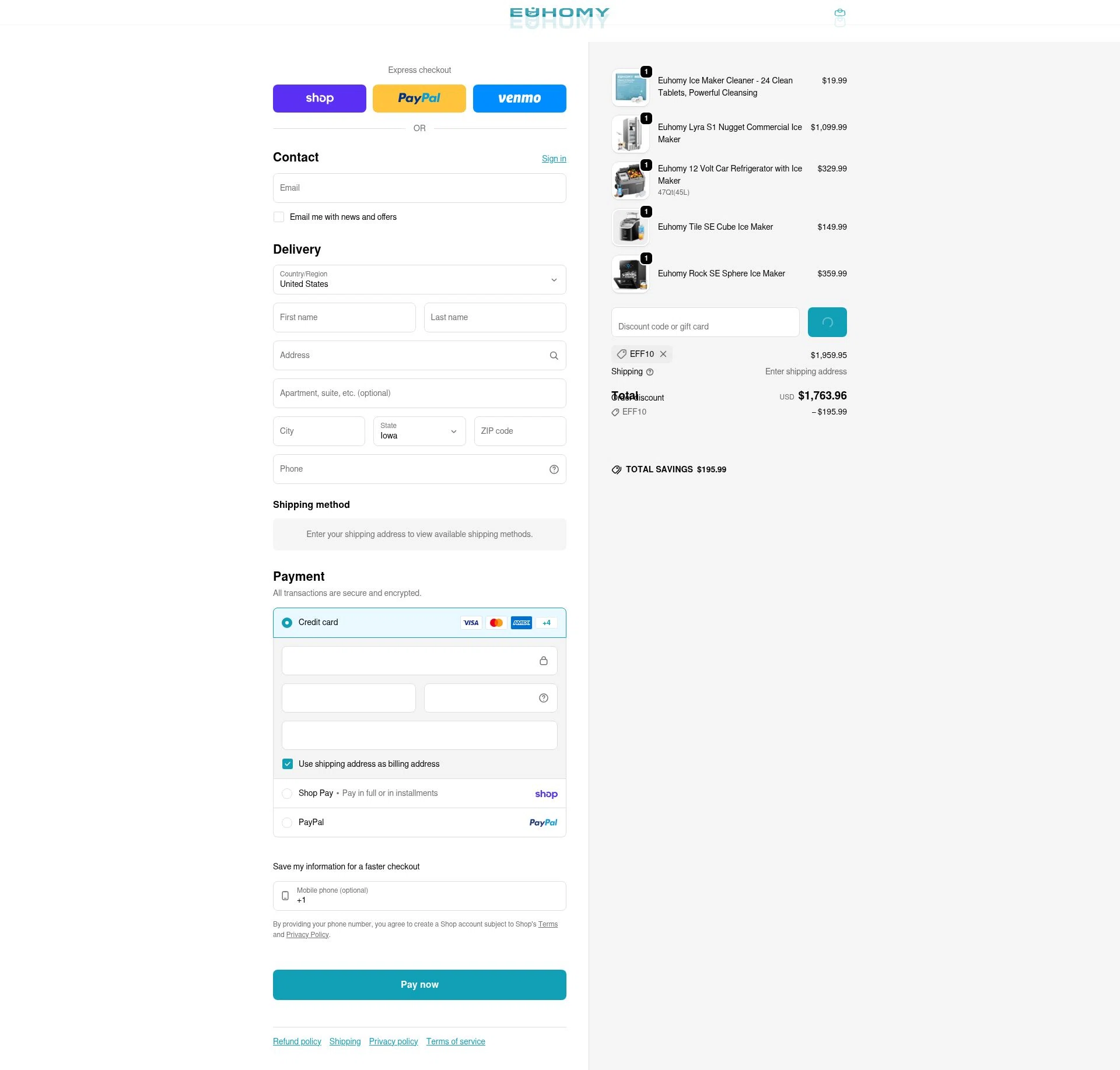 Euhomy checkout page showing Euhomy discount code box | Screenshot taken by SimplyCodes community member on Feb 7, 2026