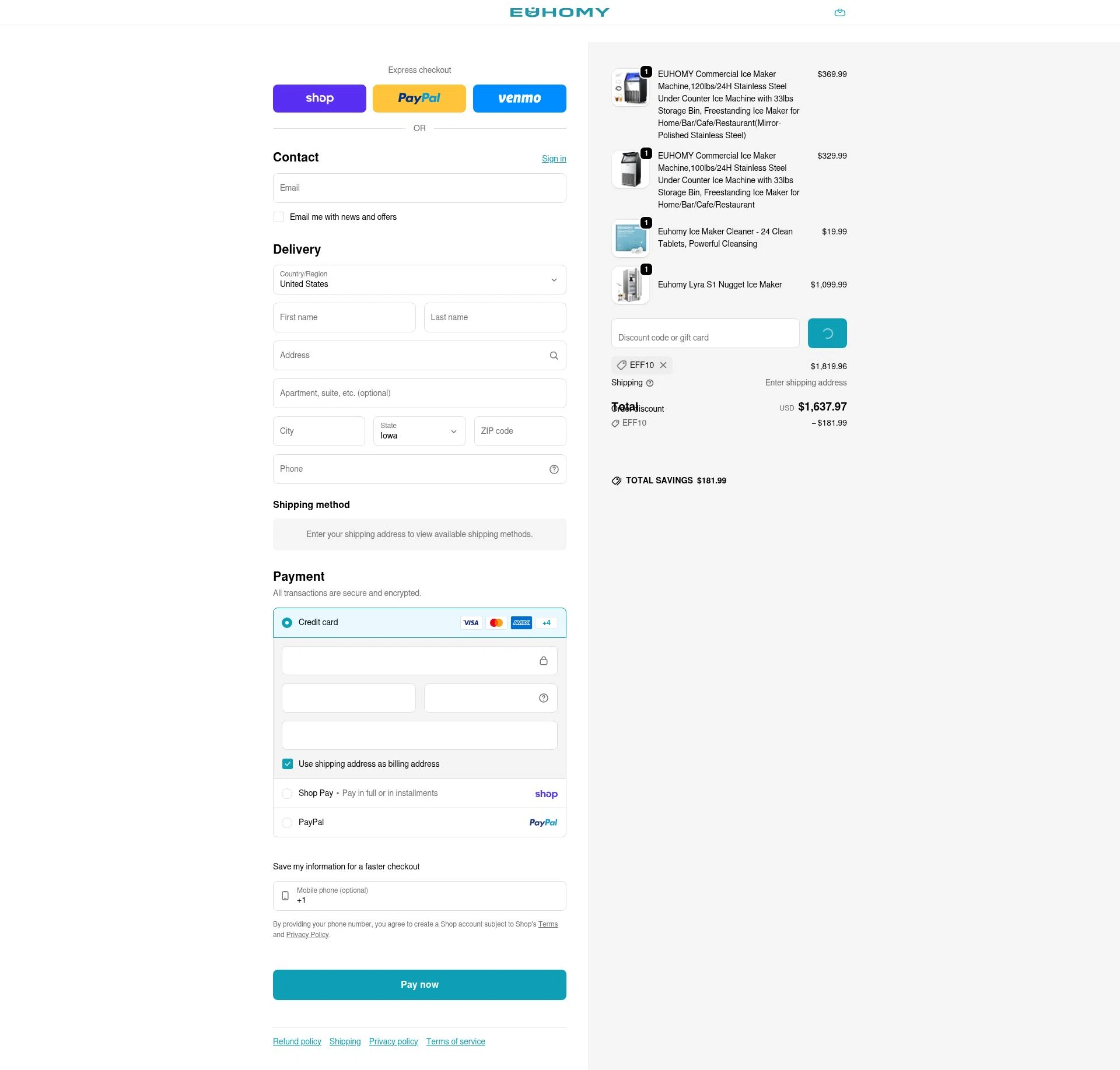 Euhomy checkout page showing Euhomy discount code box | Screenshot taken by SimplyCodes community member on Feb 2, 2026