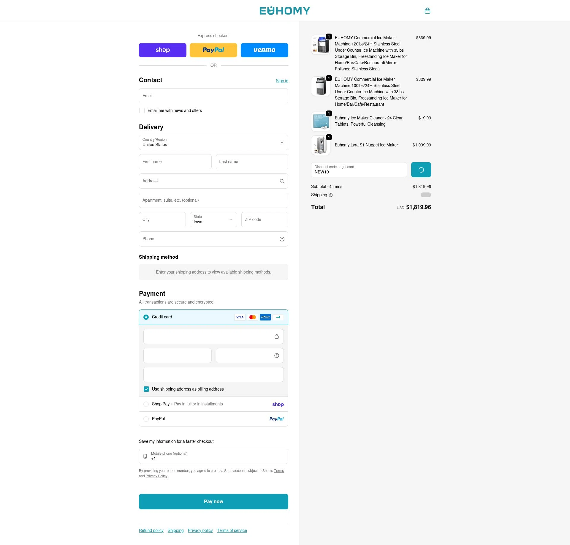 Euhomy checkout page showing Euhomy discount code box | Screenshot taken by SimplyCodes community member on Feb 2, 2026