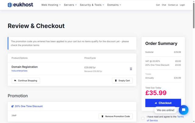 eUKhost checkout page showing eUKhost coupon code box | Screenshot taken by SimplyCodes community member on Jun 19, 2025
