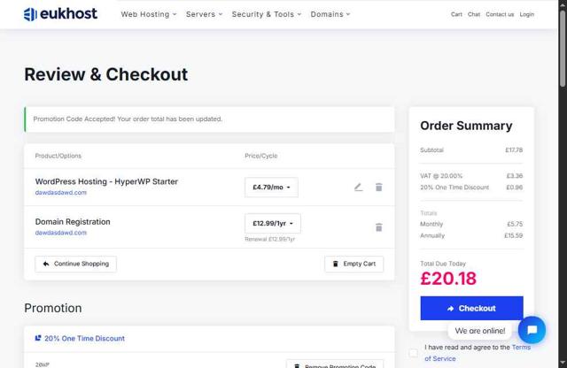 eUKhost checkout page showing eUKhost coupon code box | Screenshot taken by SimplyCodes community member on Jun 19, 2025