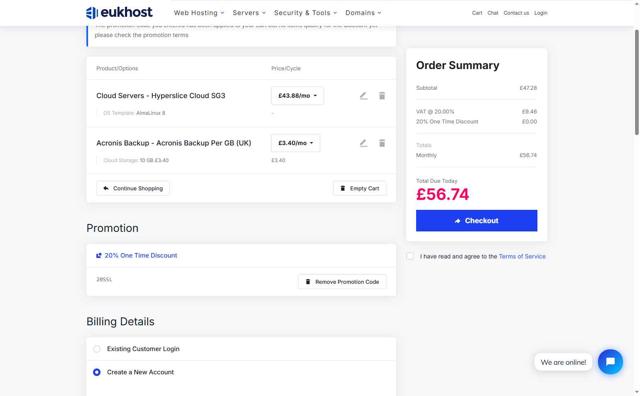 eUKhost checkout page showing eUKhost coupon code box | Screenshot taken by SimplyCodes community member on Jun 5, 2025