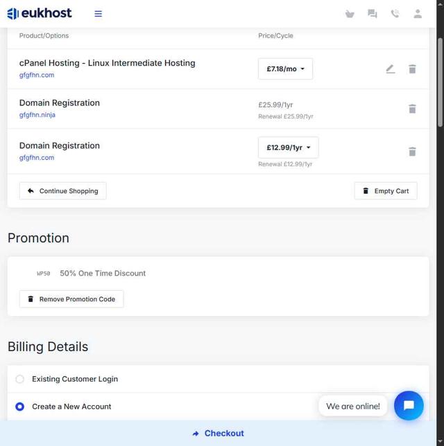 eUKhost checkout page showing eUKhost coupon code box | Screenshot taken by SimplyCodes community member on Aug 4, 2025