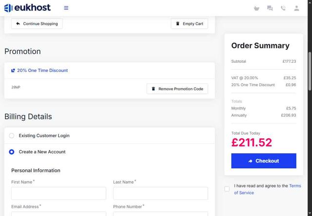 eUKhost checkout page showing eUKhost coupon code box | Screenshot taken by SimplyCodes community member on Jun 19, 2025