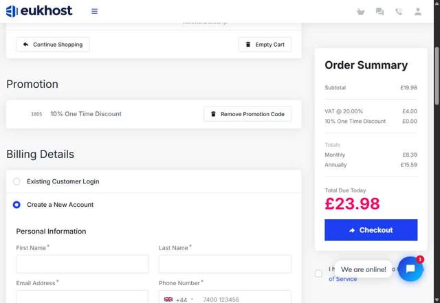 eUKhost checkout page showing eUKhost coupon code box | Screenshot taken by SimplyCodes community member on Sep 3, 2025