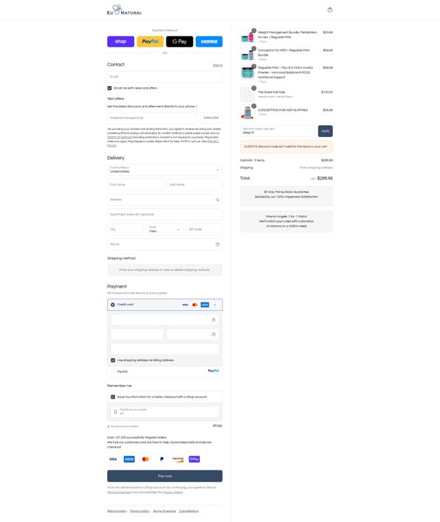 Eu Natural checkout page showing Eu Natural promo code box | Screenshot taken by SimplyCodes community member on Sep 12, 2025
