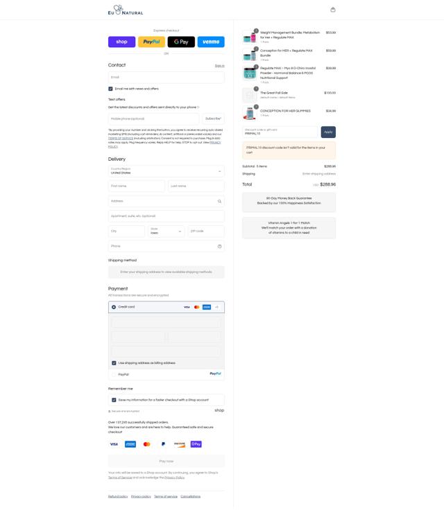 Eu Natural checkout page showing Eu Natural promo code box | Screenshot taken by SimplyCodes community member on Sep 12, 2025
