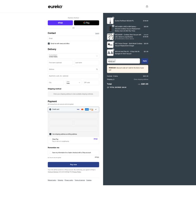 Eureka checkout page showing Eureka promo code box | Screenshot taken by SimplyCodes community member on Sep 3, 2025