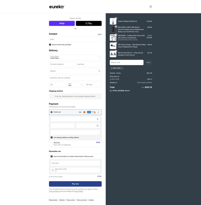 Eureka checkout page showing Eureka promo code box | Screenshot taken by SimplyCodes community member on Sep 3, 2025
