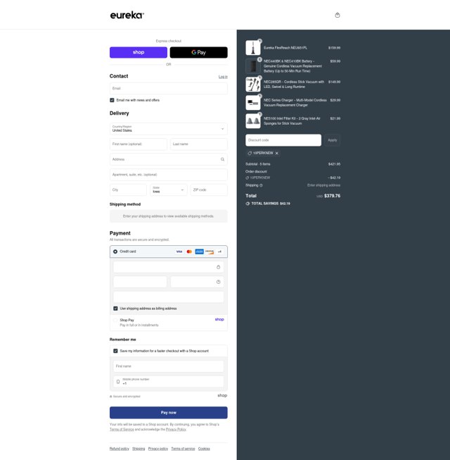 Eureka checkout page showing Eureka promo code box | Screenshot taken by SimplyCodes community member on Sep 3, 2025