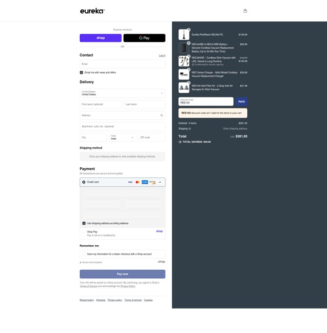 Eureka checkout page showing Eureka promo code box | Screenshot taken by SimplyCodes community member on Sep 3, 2025