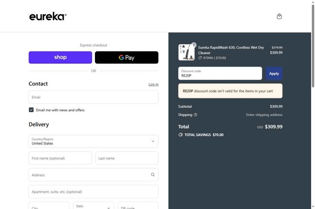 Eureka checkout page showing Eureka promo code box | Screenshot taken by SimplyCodes community member on Aug 30, 2025