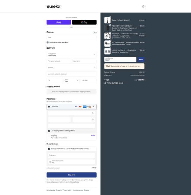 Eureka checkout page showing Eureka promo code box | Screenshot taken by SimplyCodes community member on Sep 3, 2025